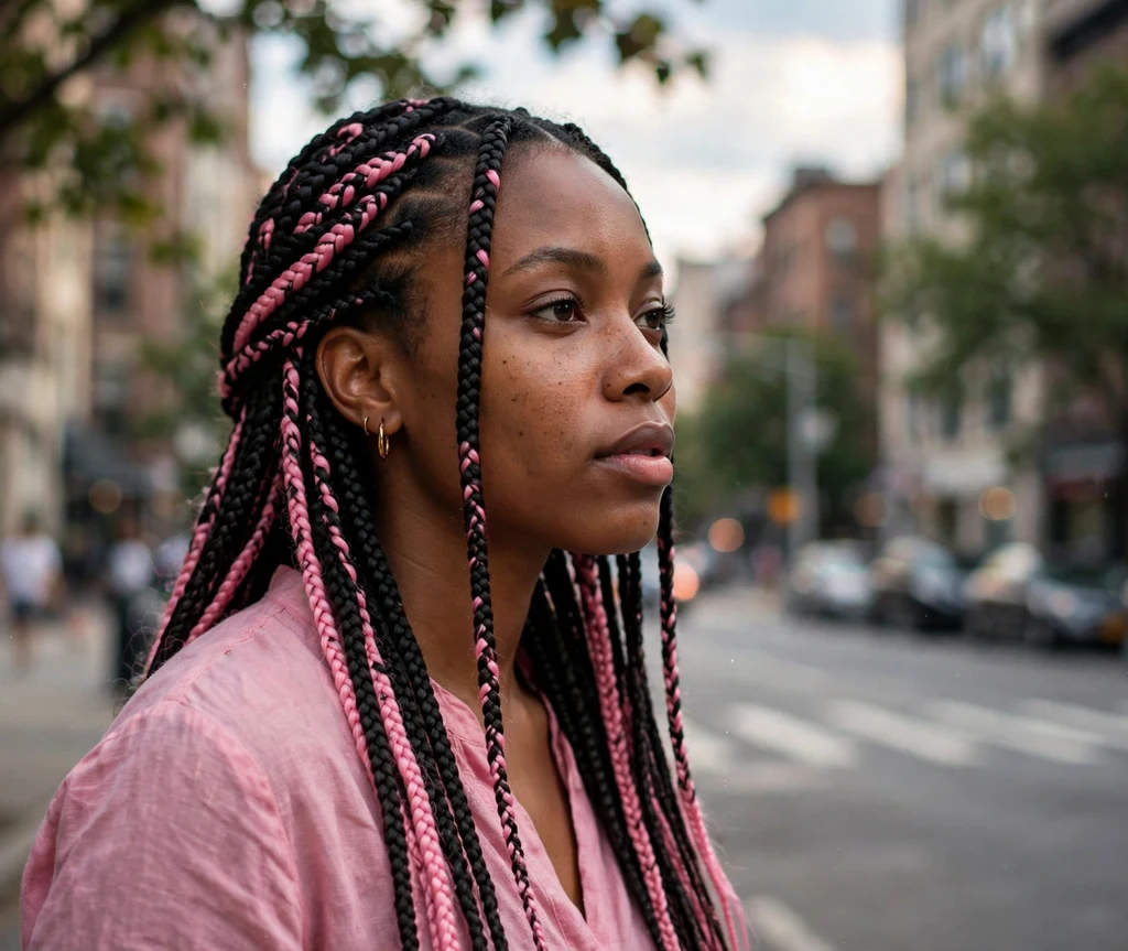 Black woman with pink highlighted knotless box braids