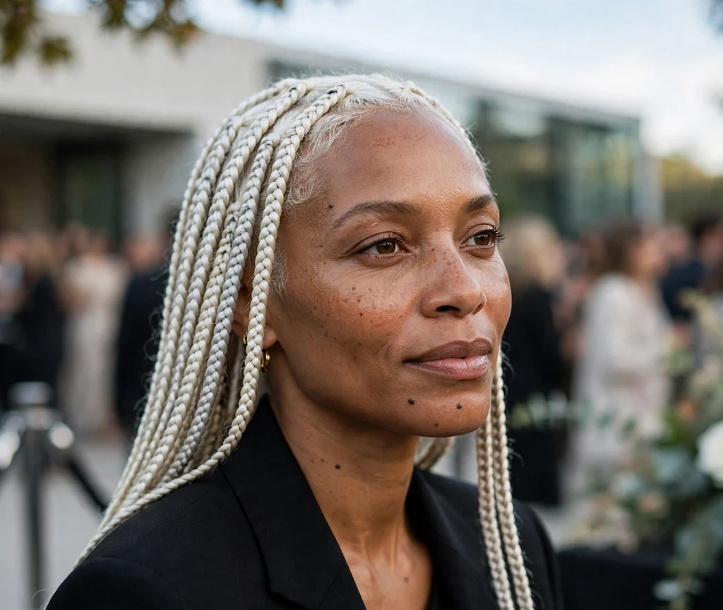 Black woman with platinum blonde knotless box braids