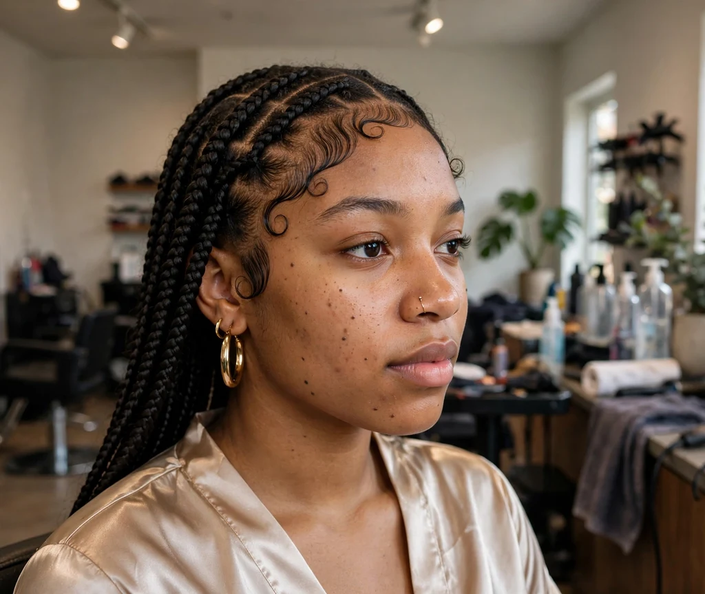 Black woman with knotless braids and beautifully laid baby hairs