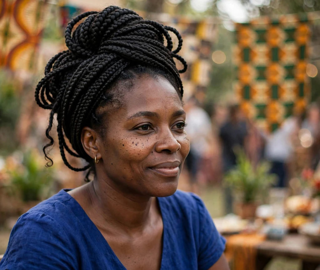 Black woman with knotless braids wrapped in a turban style updo