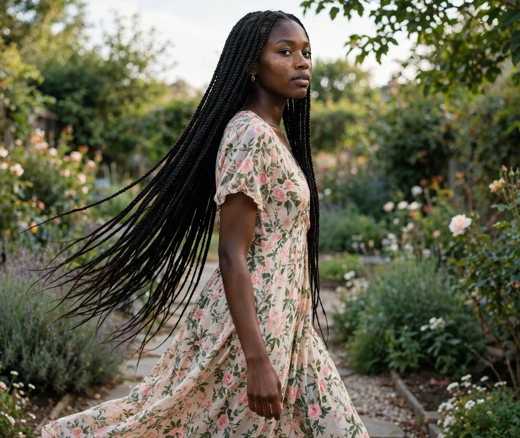 Black woman with ultra long hip length knotless box braids