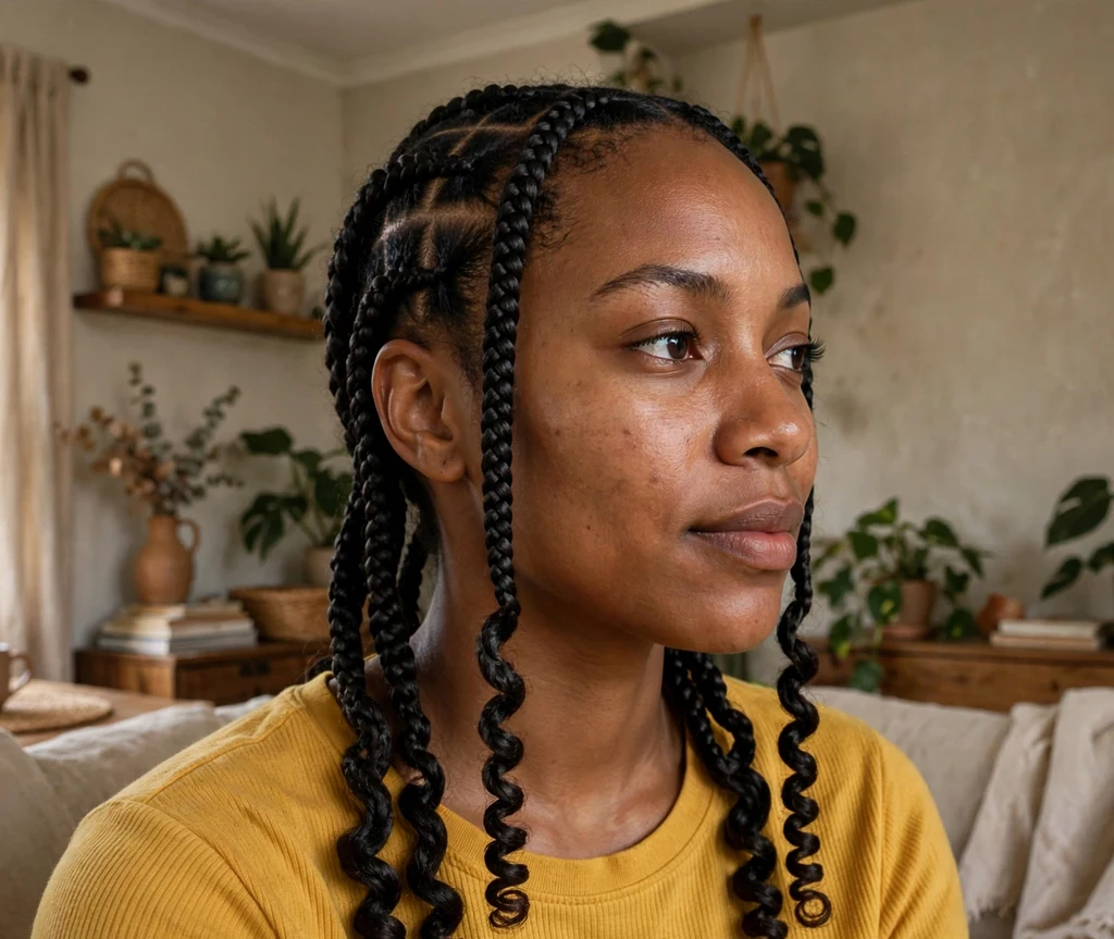 Black woman with knotless braids finishing in rope twist ends