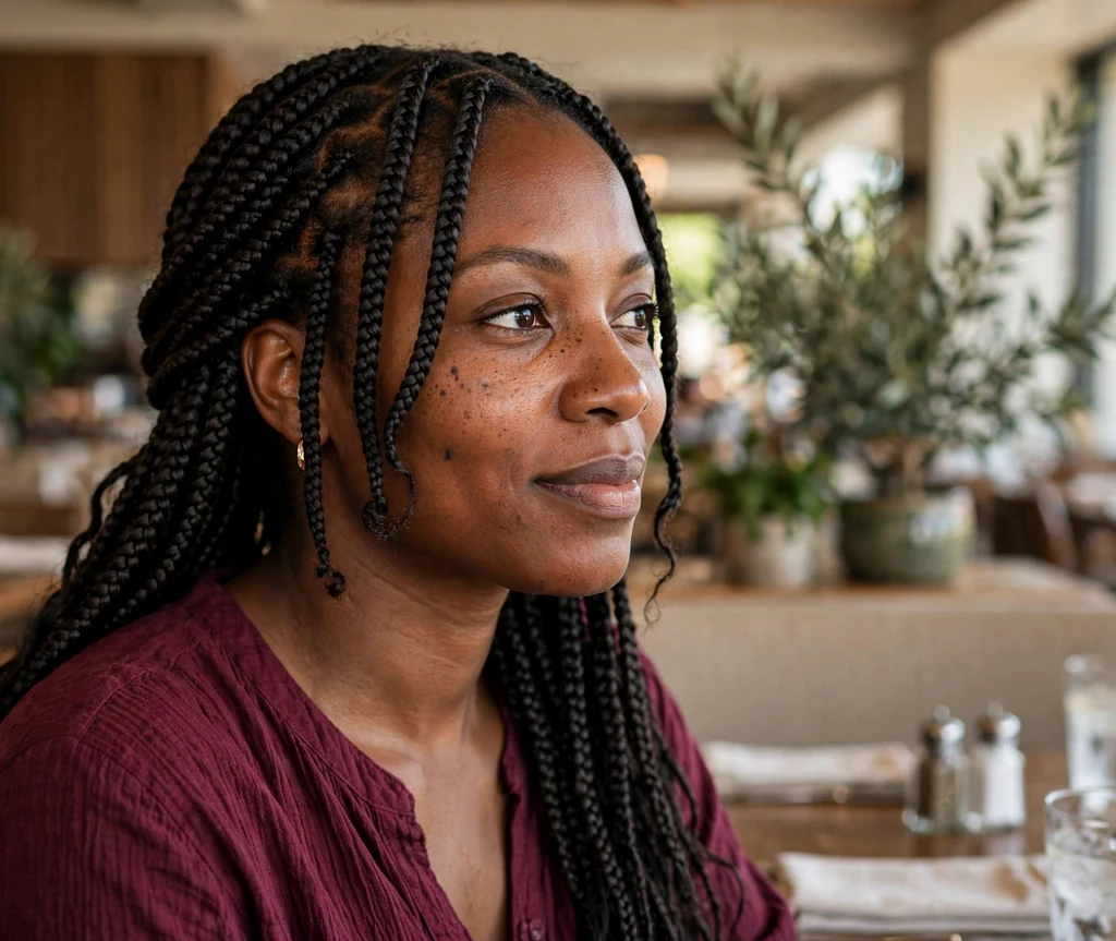 Black woman with layered knotless box braids of varying lengths