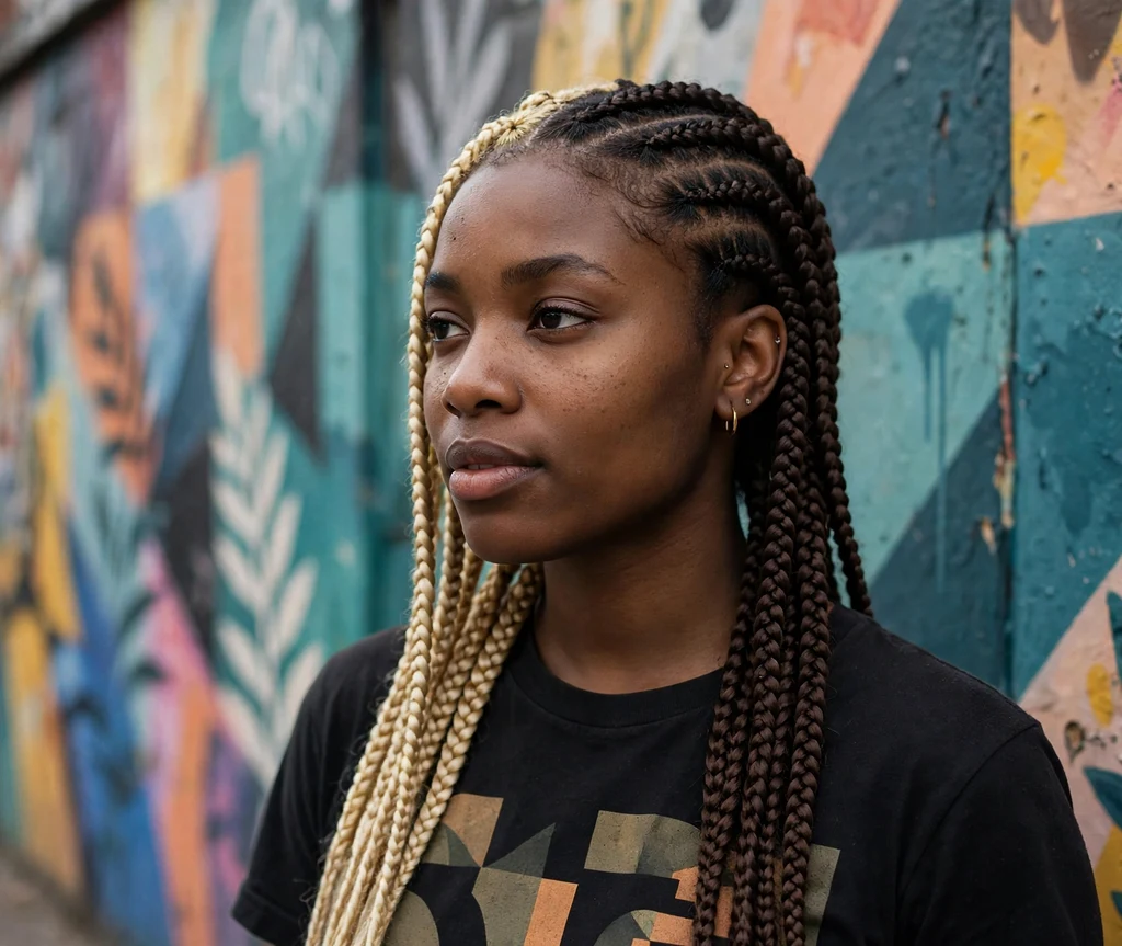 Black woman with color block panels in knotless box braids