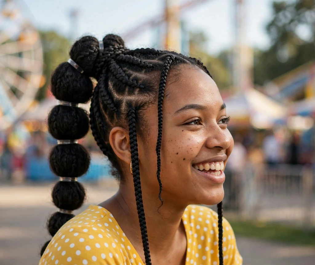 Black woman with knotless braids styled in a bubble ponytail