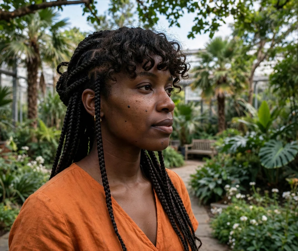 Black woman with knotless braids and a curly bangs fringe