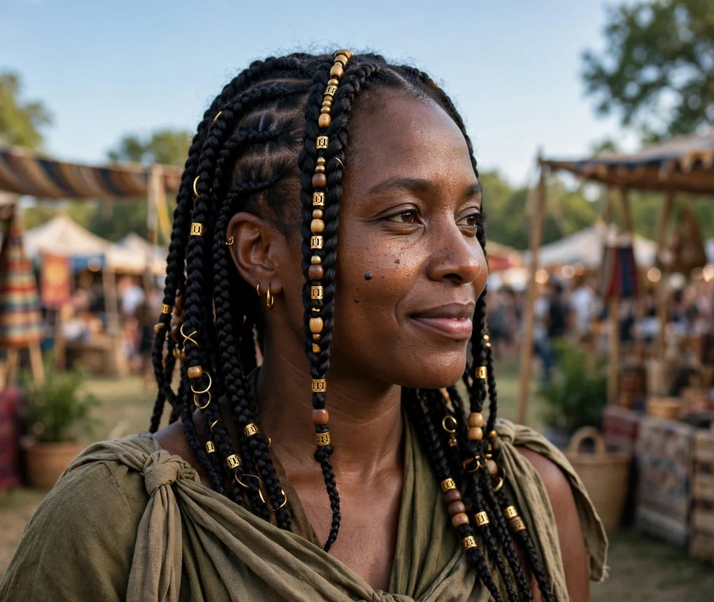 Black woman with knotless braids featuring Fulani inspired beads and center braid