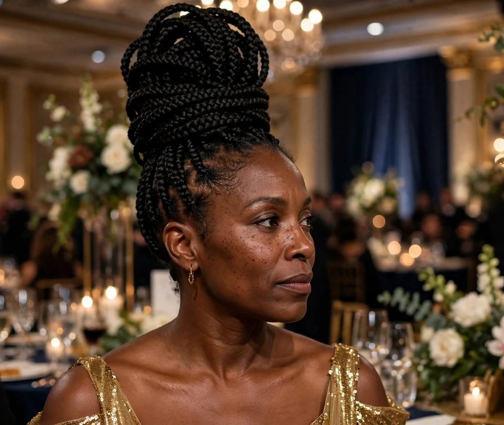 Black woman with knotless braids in a regal crown updo at an evening event