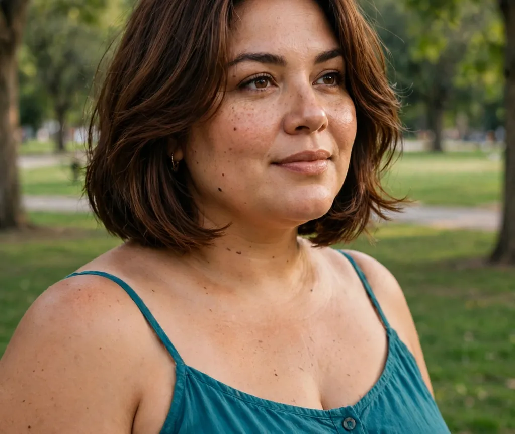 Plus-size woman with a classic chin-length layered bob in chestnut brown hair