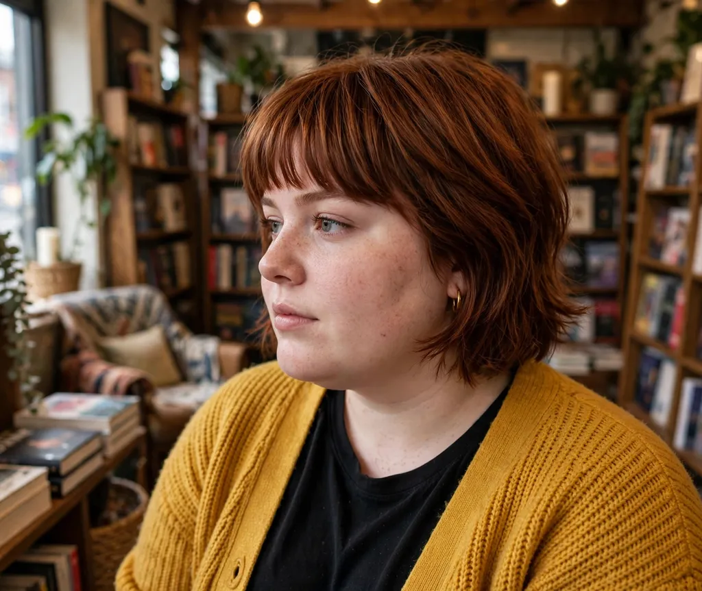Plus-size woman with a textured layered bob and full bangs in auburn hair