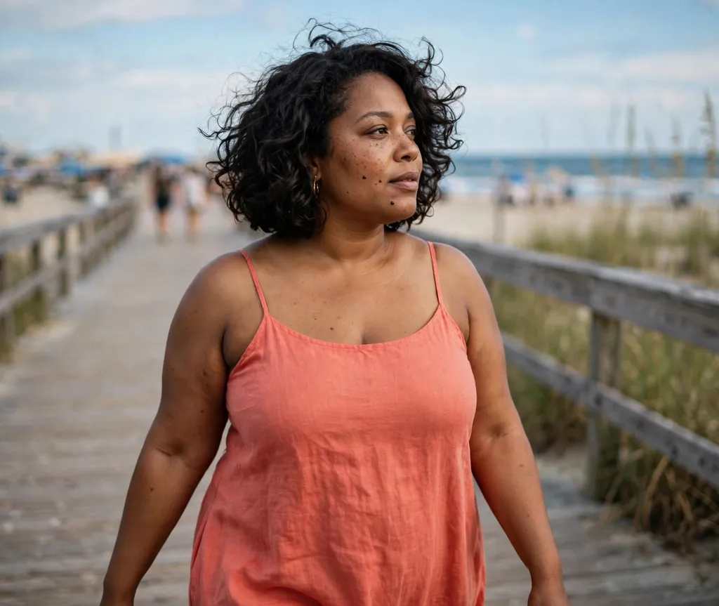 Plus-size woman with a curly layered bob in dark natural hair