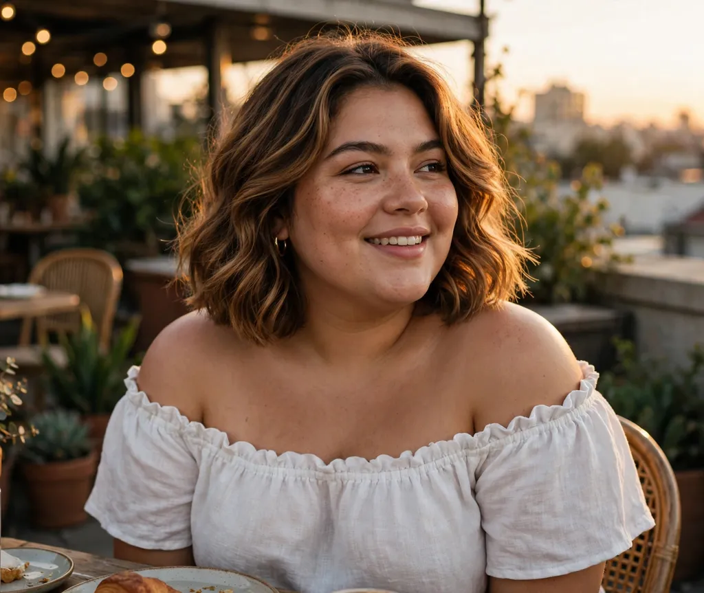 Plus-size woman with a soft wavy layered bob in caramel brown hair