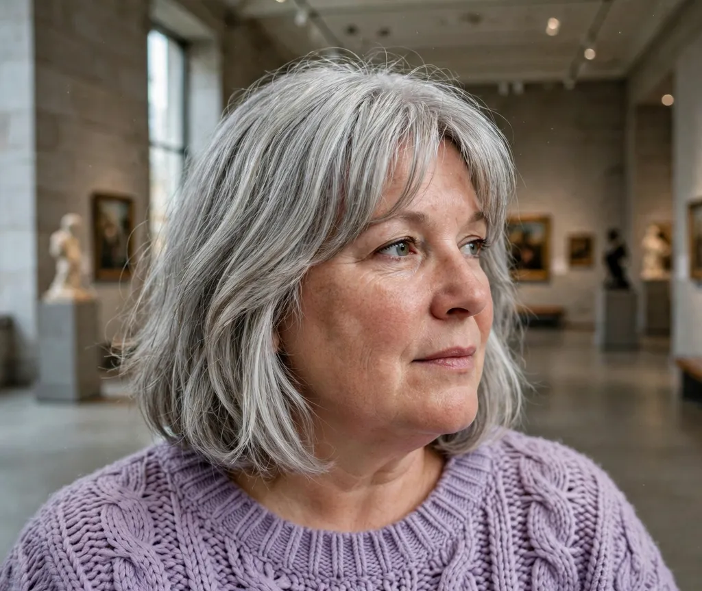 Plus-size woman with a layered bob and curtain bangs in silver gray hair