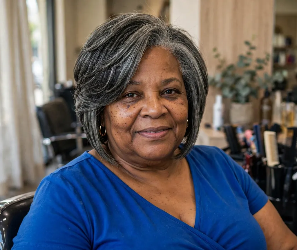 Plus-size woman with an inverted layered bob in salt and pepper hair