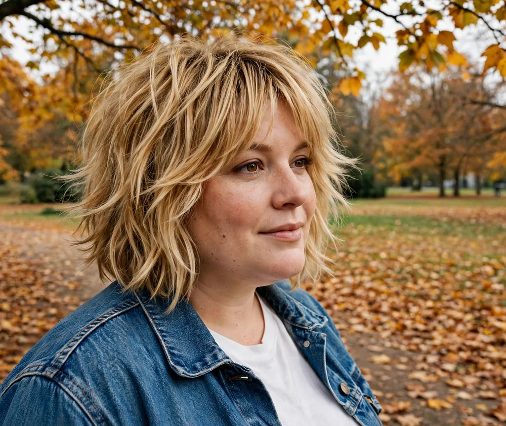 Plus-size woman with a shaggy layered bob in honey blonde hair