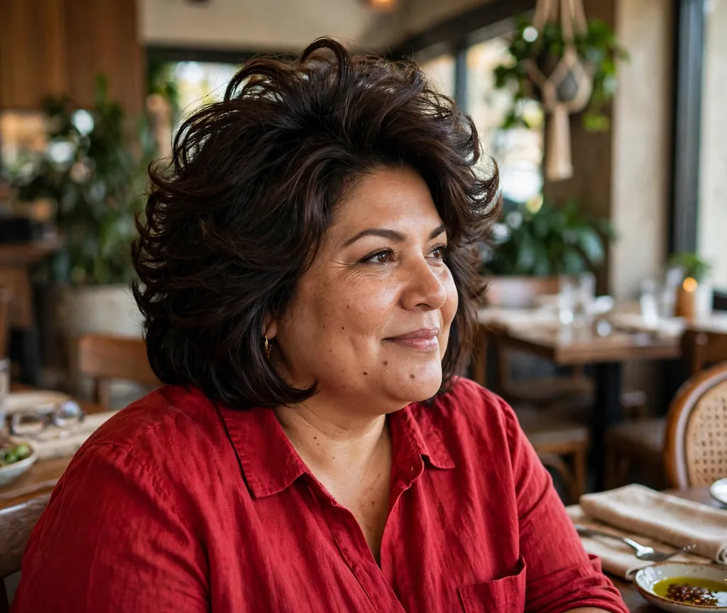 Plus-size woman with a voluminous layered bob with lift at the crown