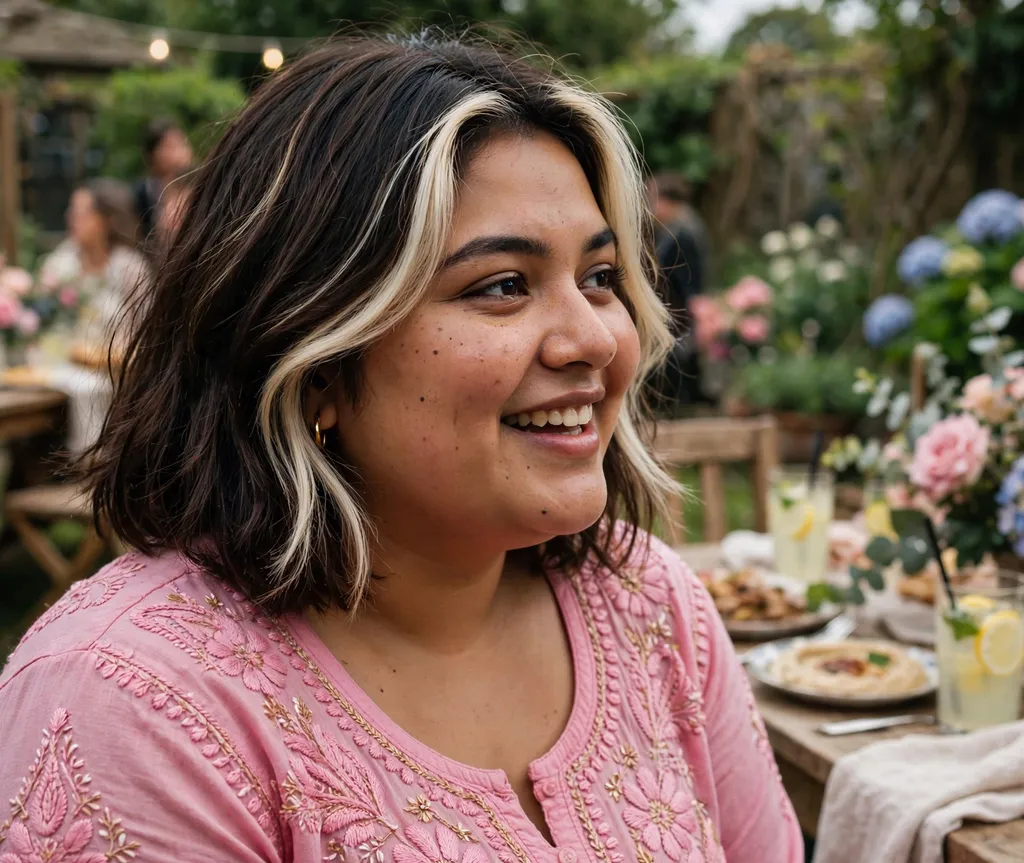 Plus-size woman with a layered bob and blonde face-framing highlights