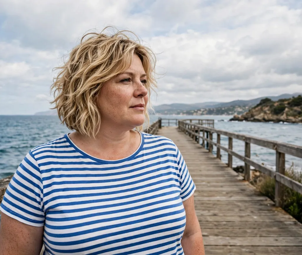 Plus-size woman with a tousled beach-wave layered bob in sandy blonde hair