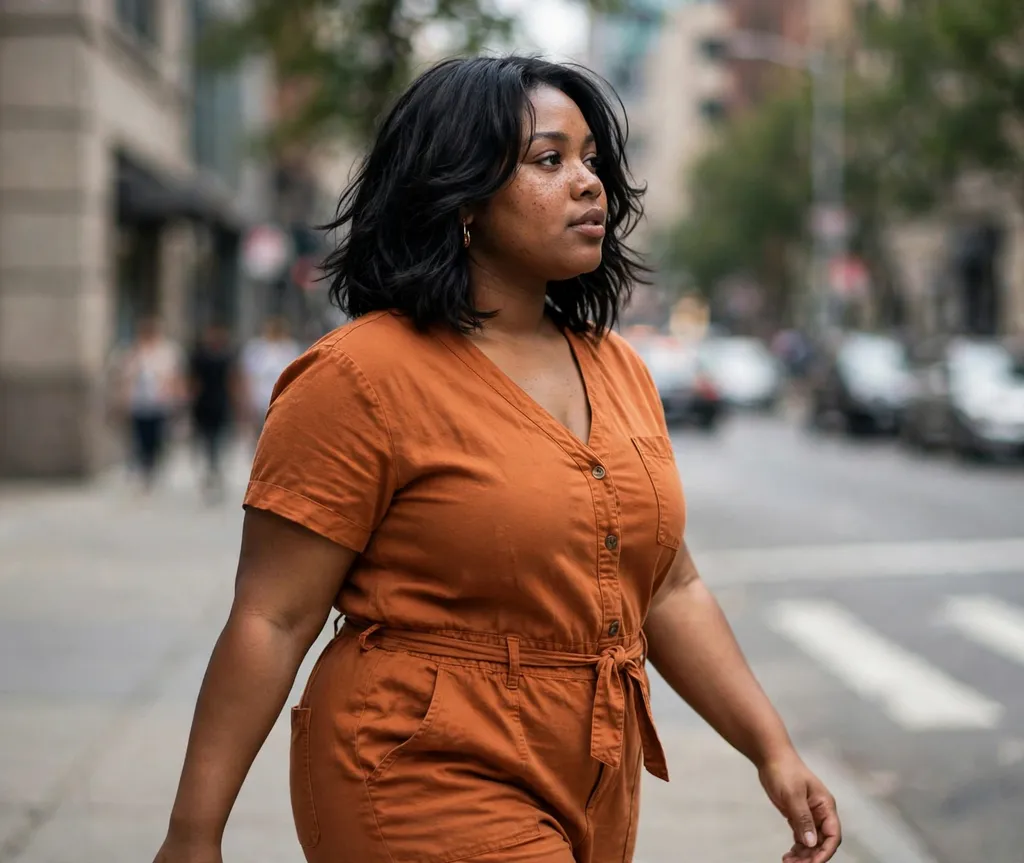 Plus-size woman with a layered lob long bob in black hair