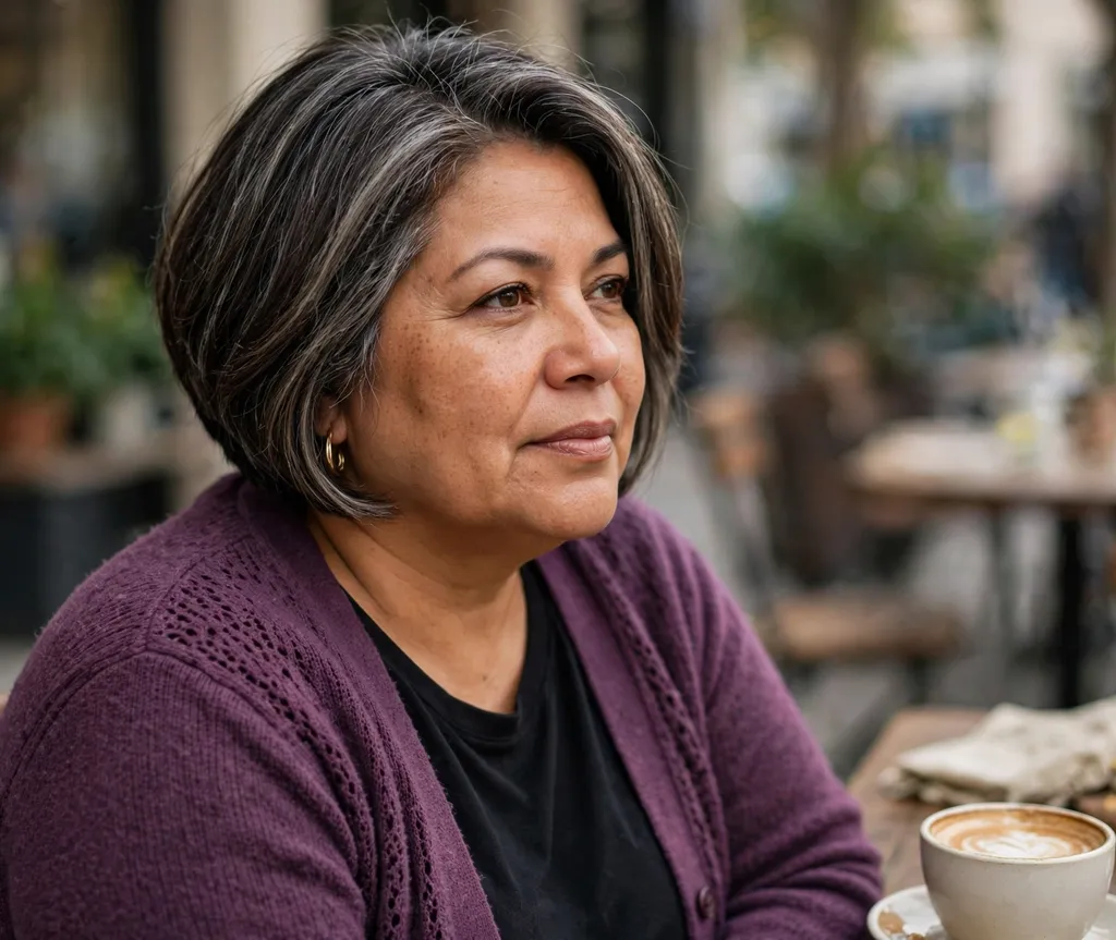 Plus-size woman with a graduated layered bob with gray streaks