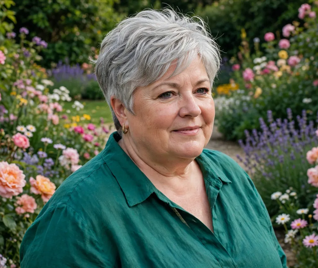 Plus-size woman with a pixie-long bixie layered haircut in silver hair