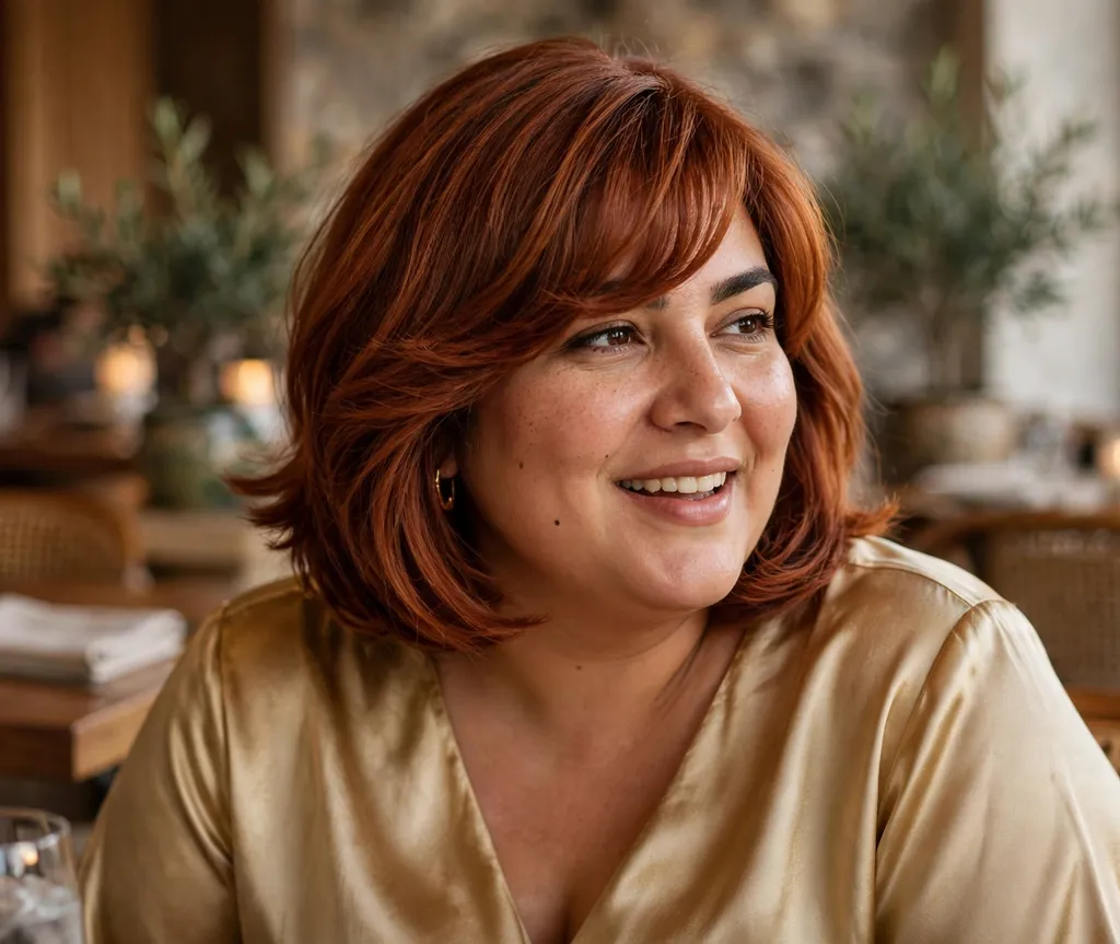 Plus-size woman with a side-swept layered bob in copper hair