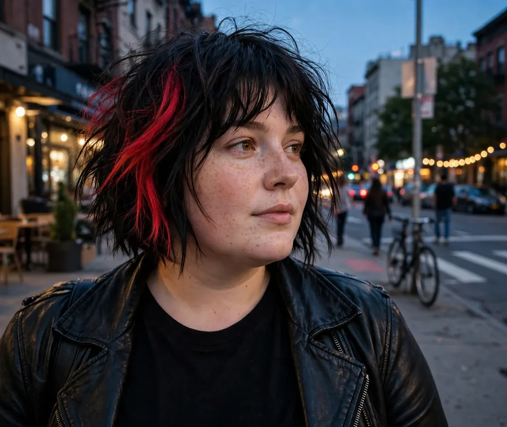Plus-size woman with a messy choppy layered bob with a red streak
