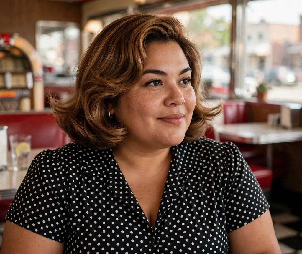 Plus-size woman with a retro flipped layered bob in caramel hair