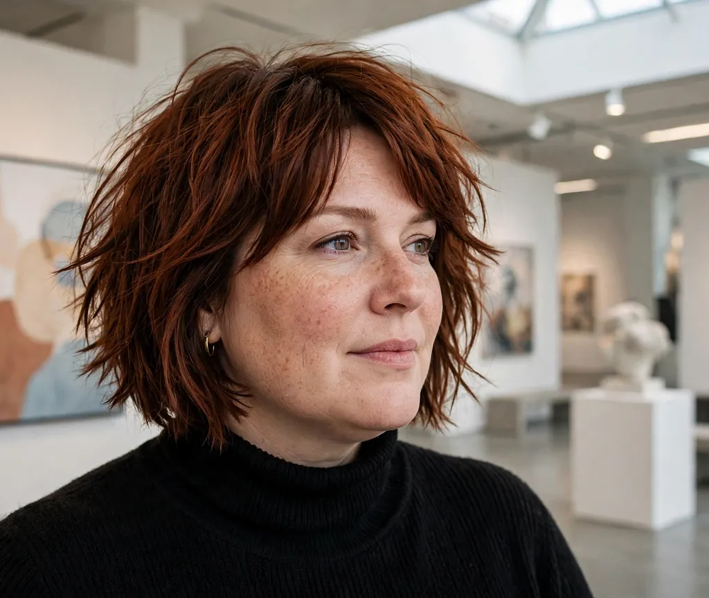 Plus-size woman with a modern razored layered bob in auburn hair