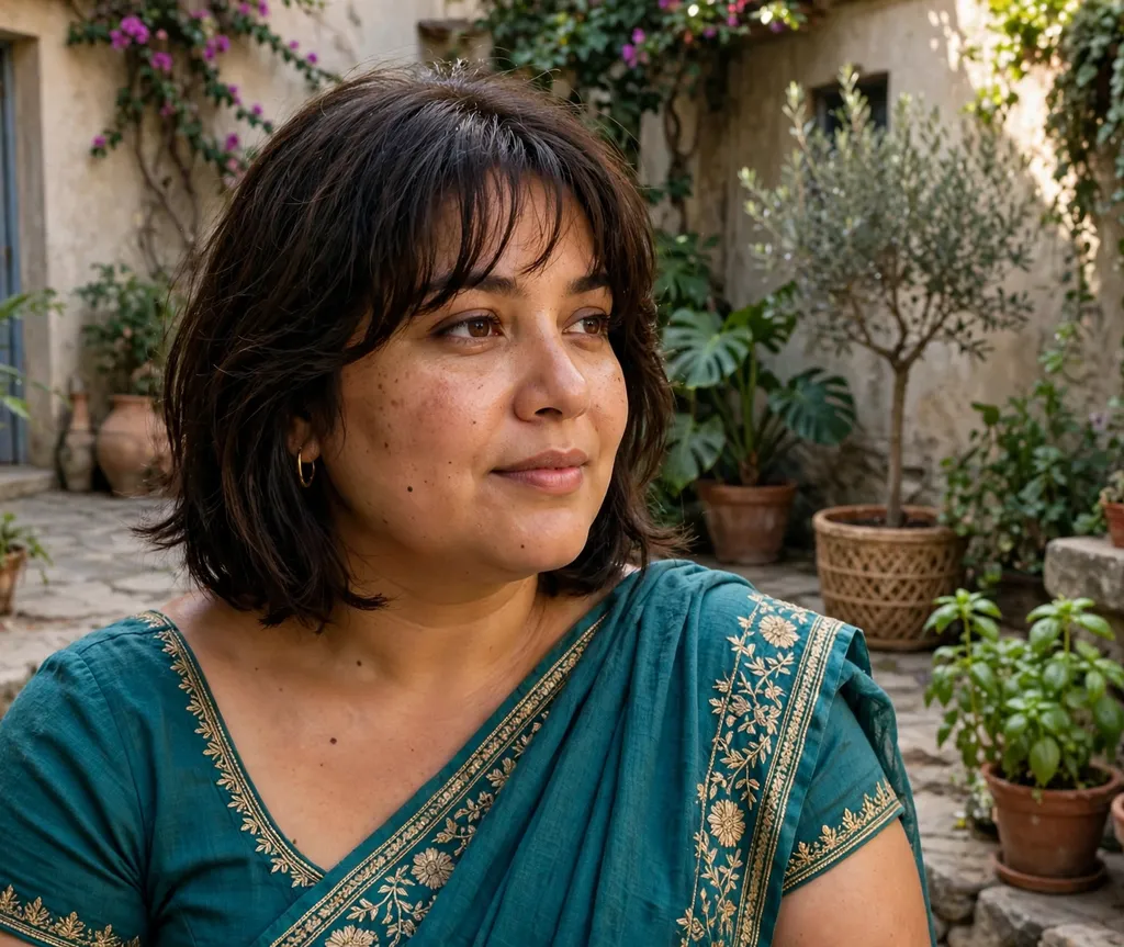 Plus-size woman with a soft layered bob and wispy bangs