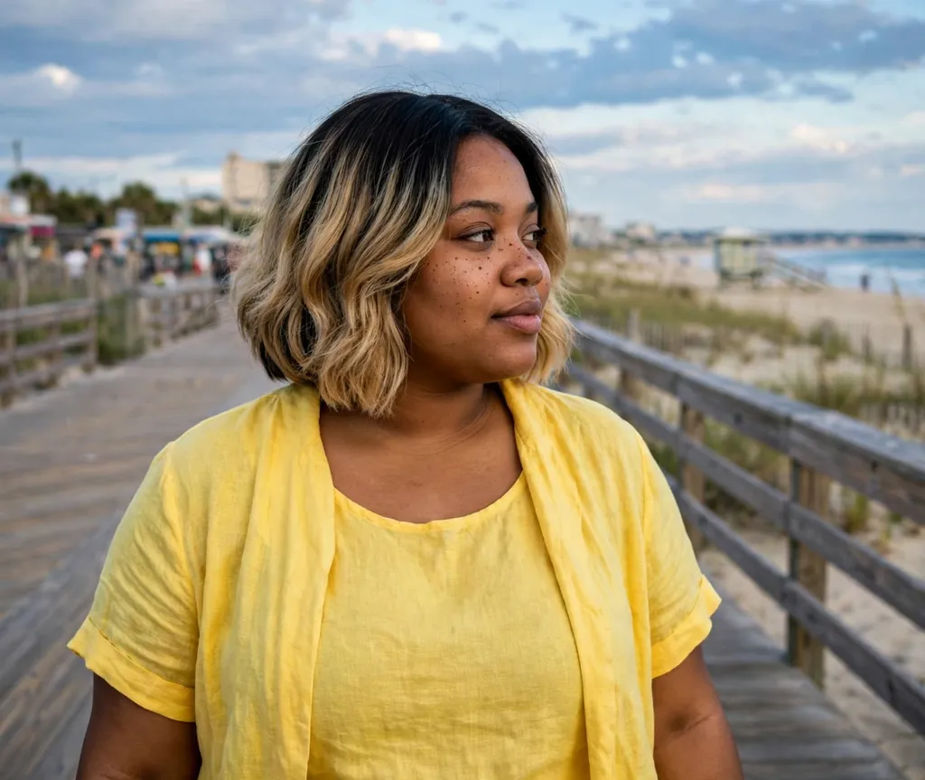 Plus-size woman with an ombre layered bob fading to honey blonde