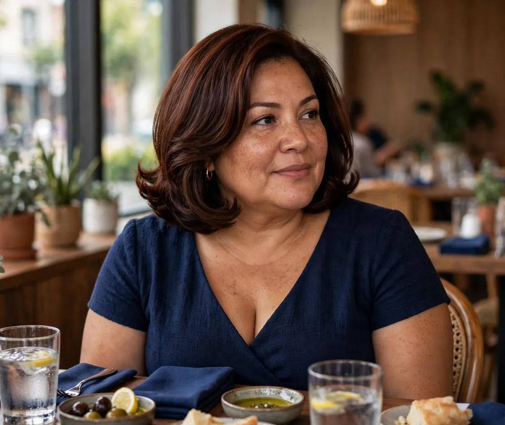 Plus-size woman with a polished layered bob with curled-under ends