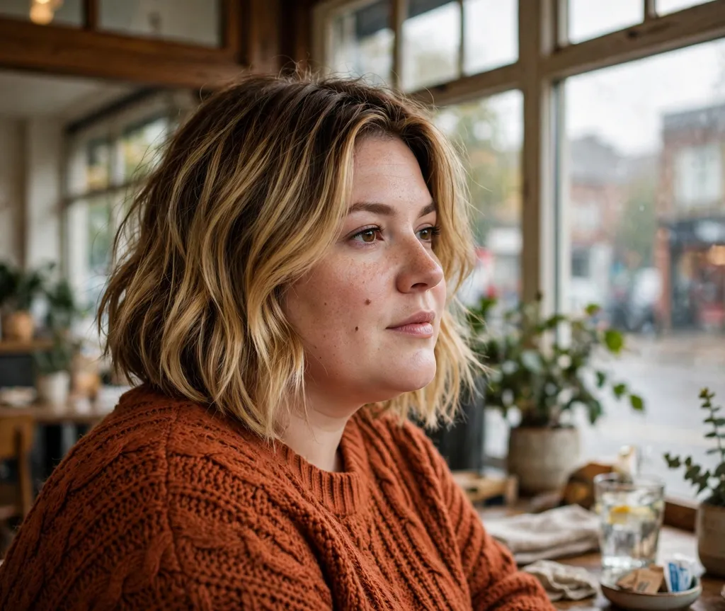 Plus-size woman with a layered bob with golden blonde balayage