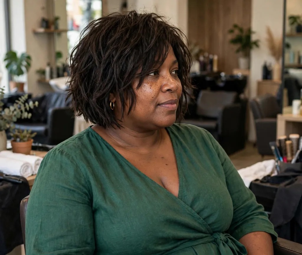 Plus-size woman with a jaw-length textured layered bob