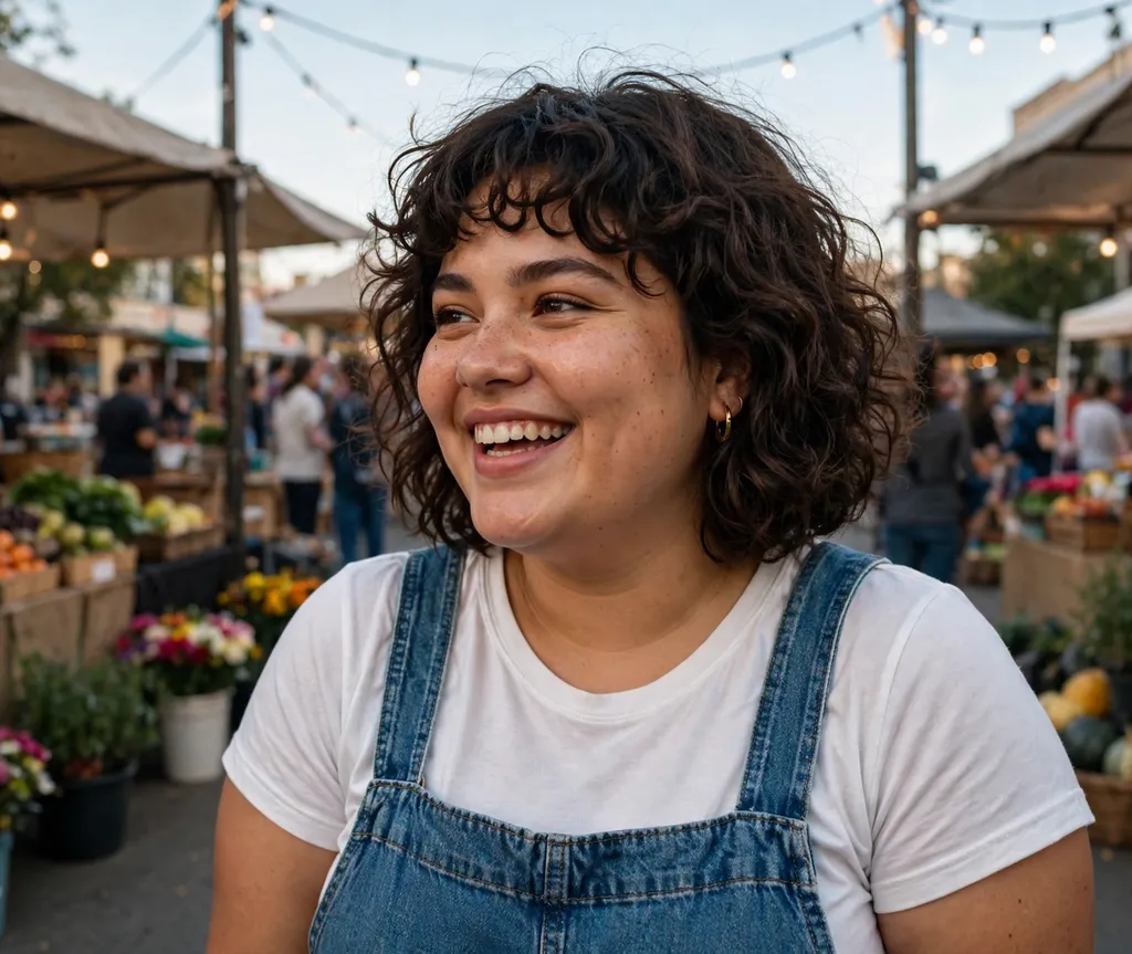 Plus-size woman with a curly layered bob and short curly fringe