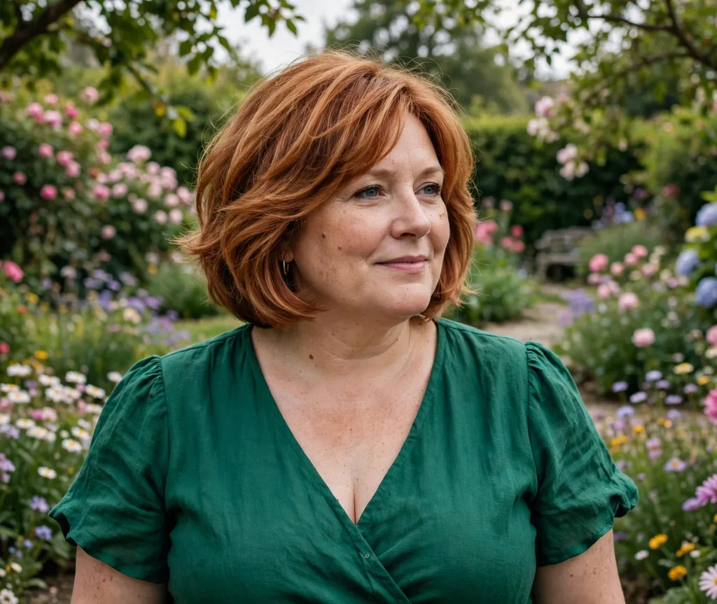 Plus-size woman with a copper-toned layered bob with warm highlights