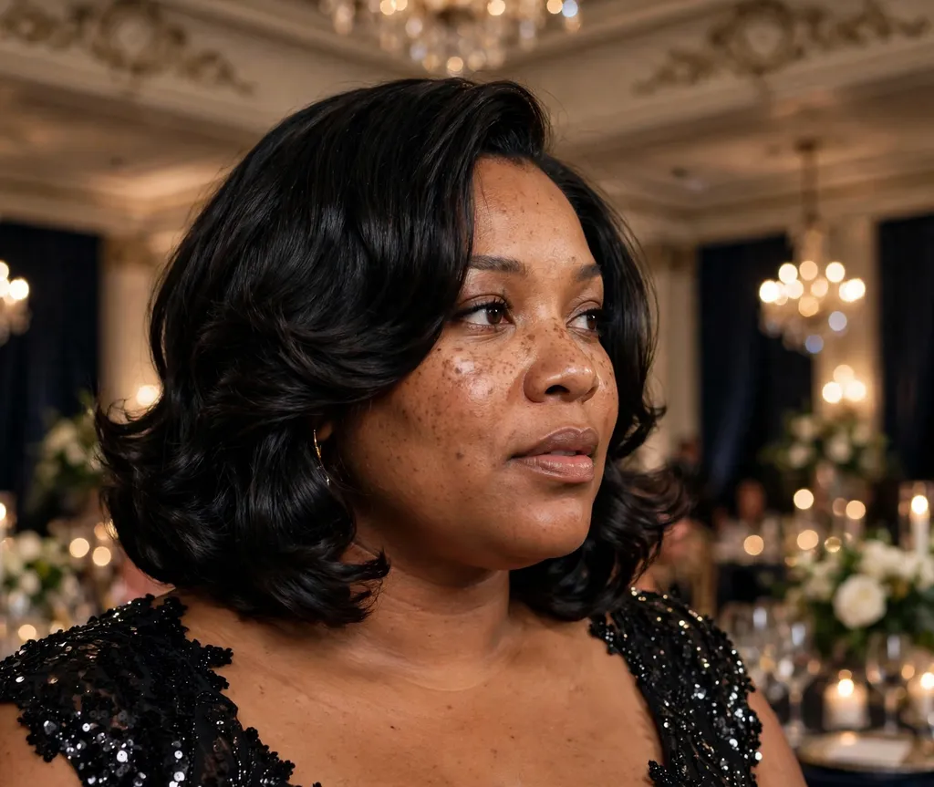Plus-size woman with an elegant evening layered bob with polished waves