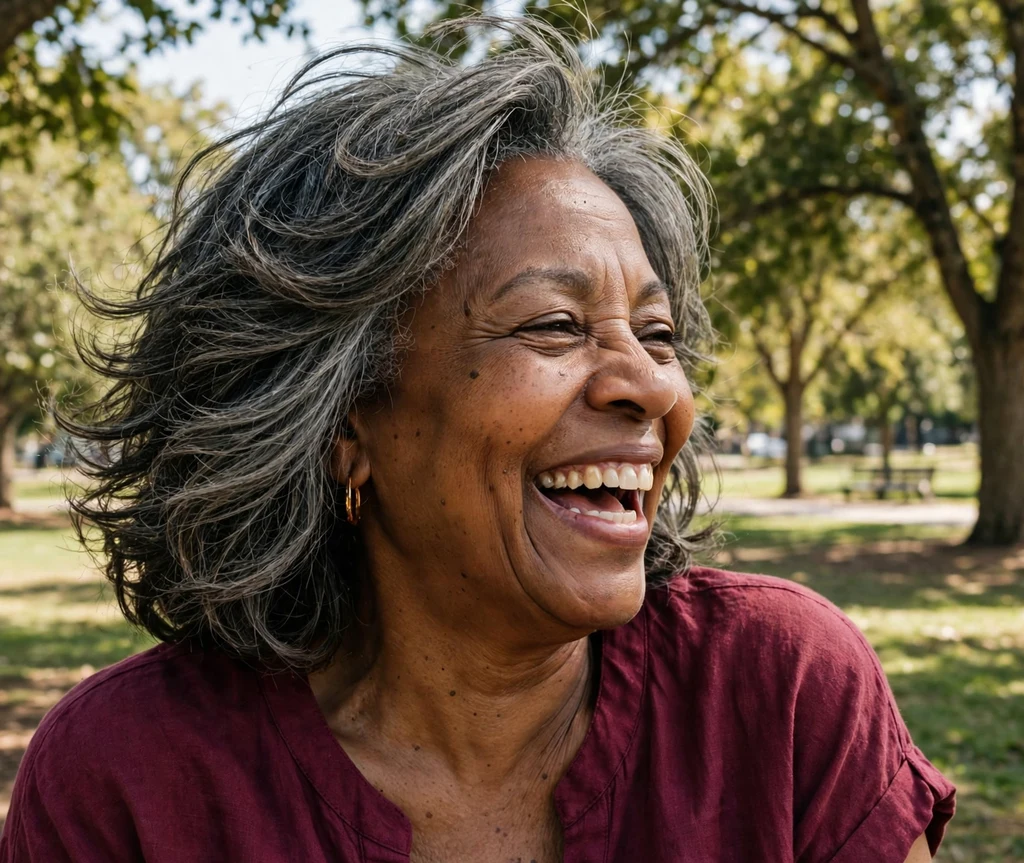 55-year-old African American woman with salt-and-pepper layered haircut in a sunny park