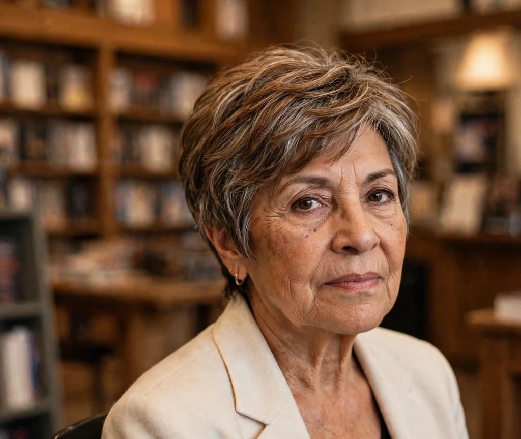 68-year-old Latina woman with an elegant layered pixie haircut in a bookstore