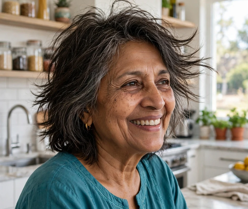 58-year-old South Asian woman with a textured layered shag haircut in a bright kitchen