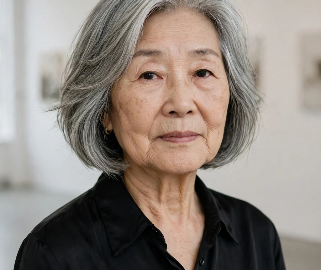 64-year-old East Asian woman with a silver-gray chin-length layered bob in an art gallery