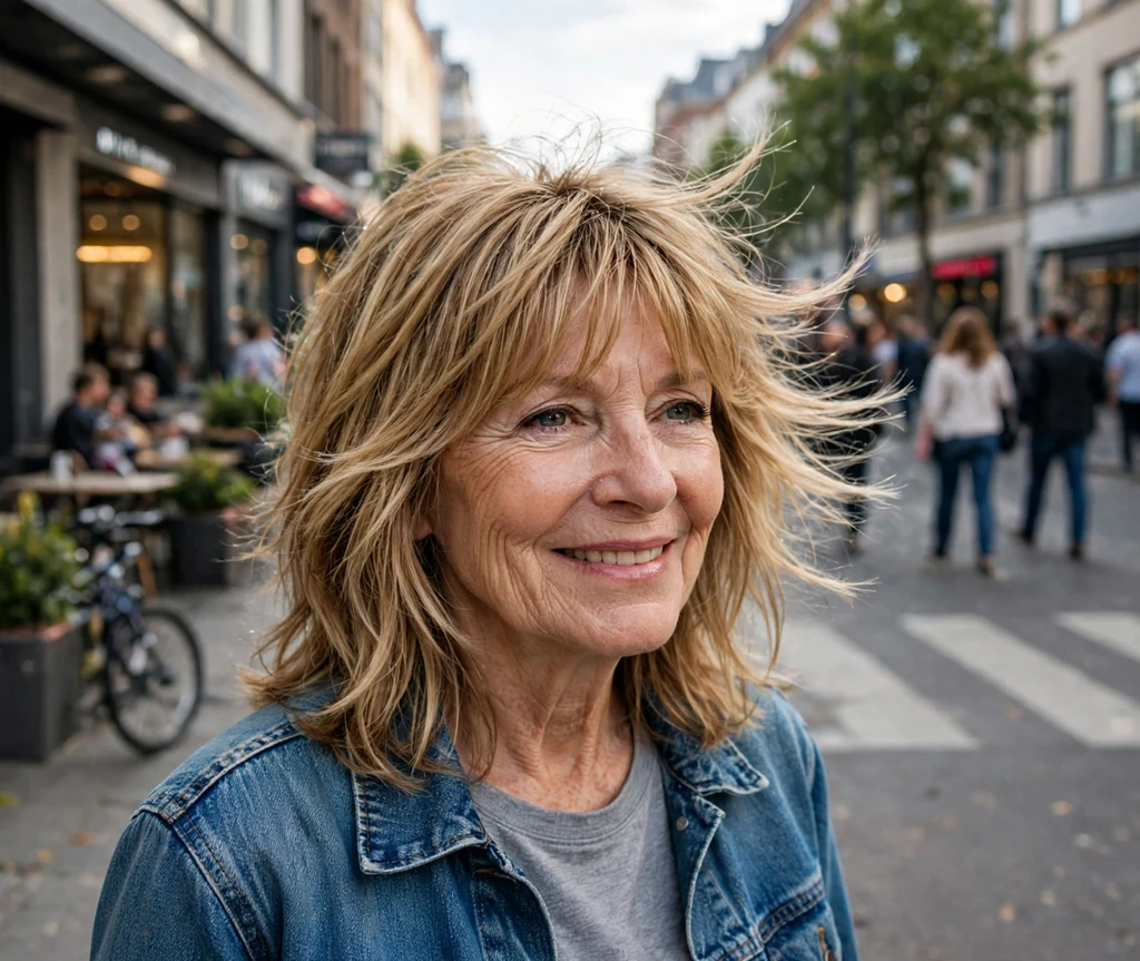 52-year-old woman with a shaggy honey-blonde layered haircut with curtain bangs on a city street