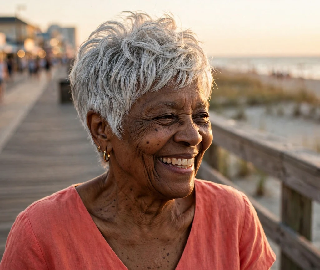 71-year-old African American woman with a silver layered crop haircut on a beach boardwalk