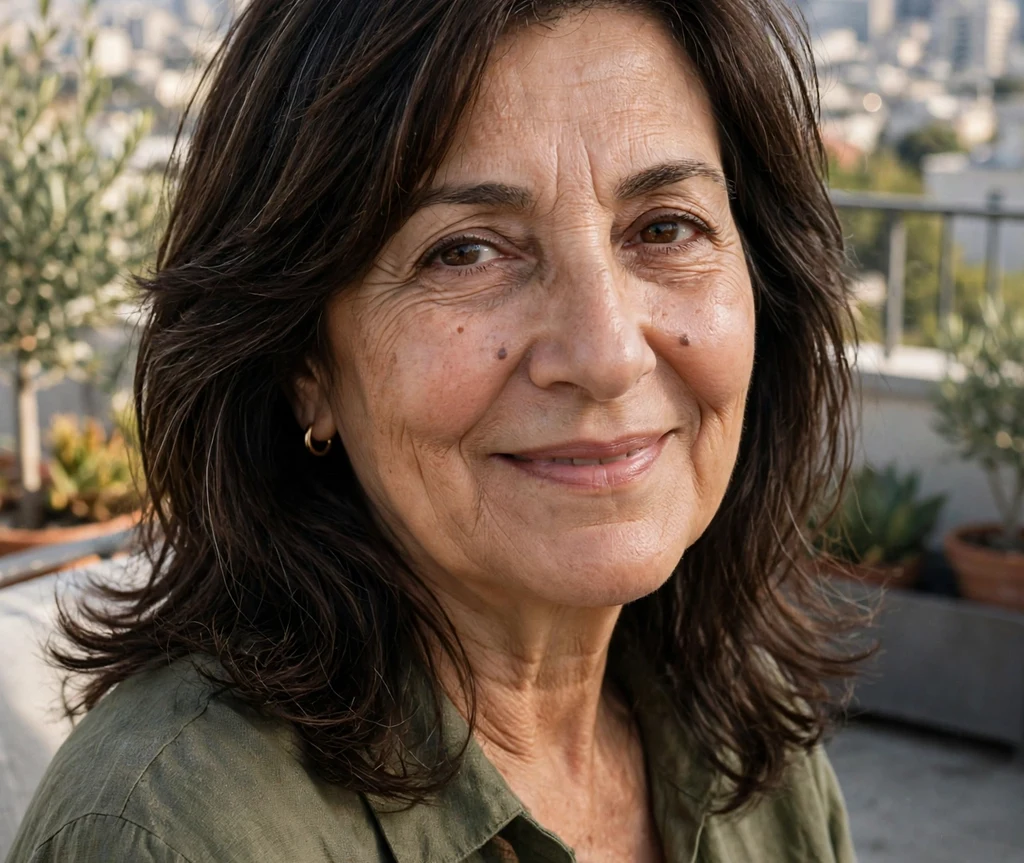 59-year-old Middle Eastern woman with dark brown layered hair with face-framing layers on a rooftop terrace