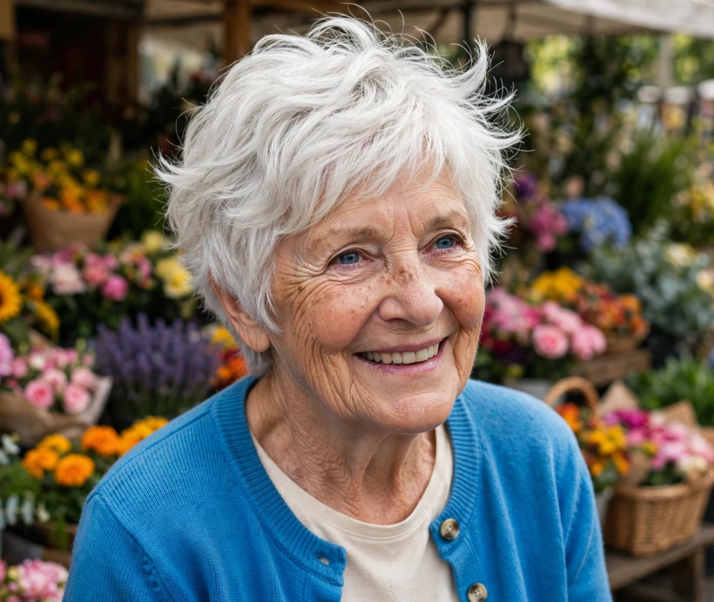 66-year-old woman with a white layered pixie-bob haircut at a flower market