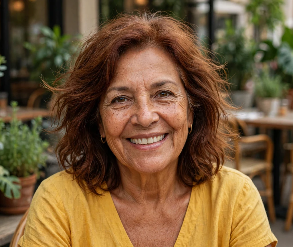 54-year-old Latina woman with a tousled auburn layered haircut at a cafe patio