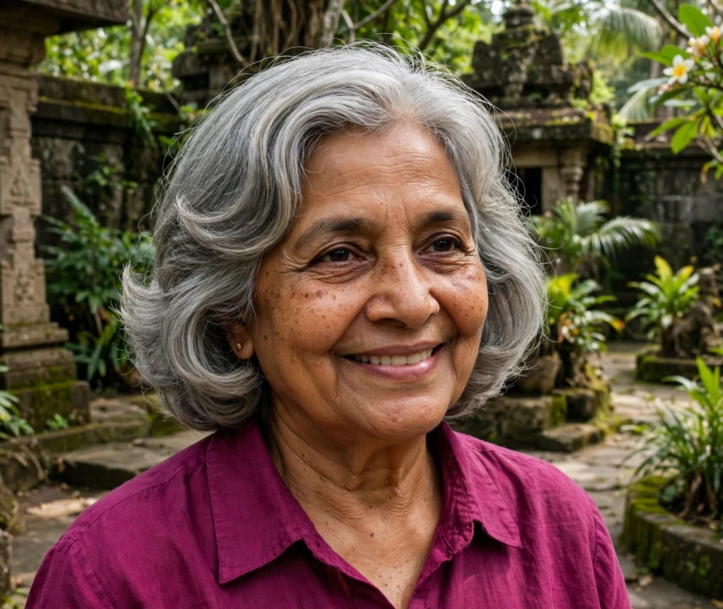 61-year-old South Asian woman with a gray layered bob haircut in a temple garden