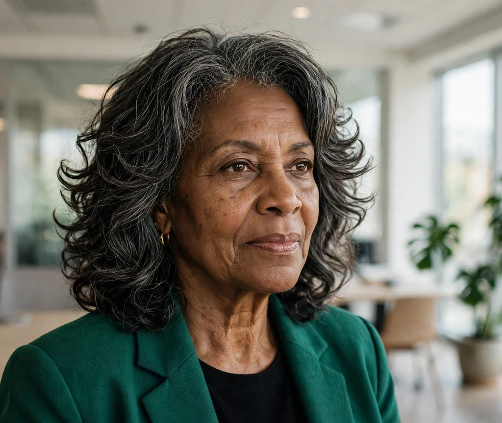 57-year-old African American woman with shoulder-length layered natural hair in a modern office