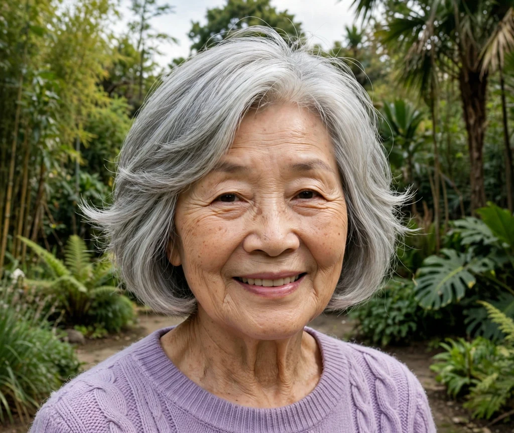 70-year-old East Asian woman with a layered silver bob haircut in a botanical garden