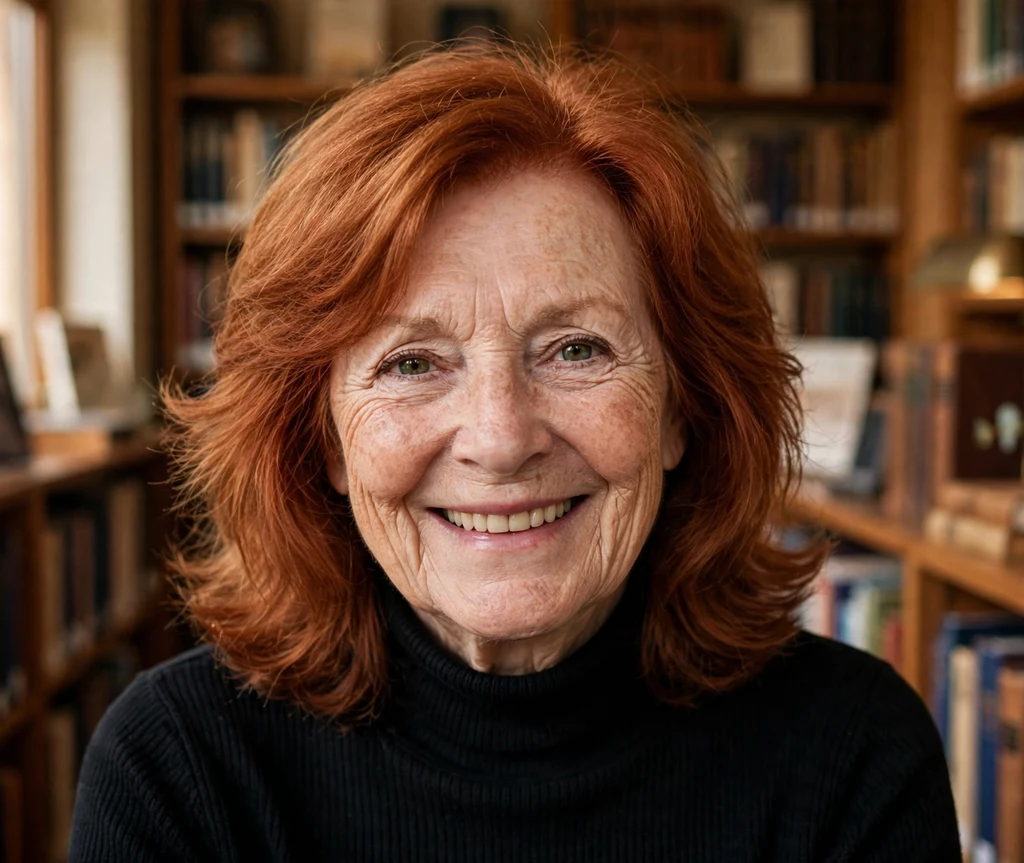 63-year-old woman with a copper-red shoulder-length layered haircut in a cozy library
